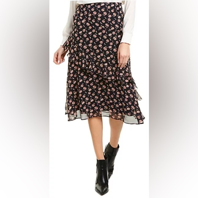 Joie Floral Skirt Midi Calf Length Navy And Pink Floral Size 2